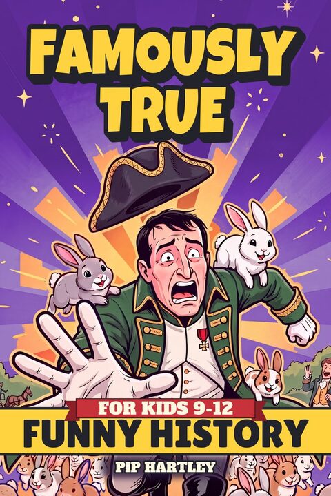 Cover of Famously True by Pip Hartley: a startled general in a bicorne hat surrounded by leaping rabbits.