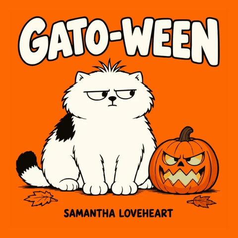 Cover of Gato-ween by Samantha Loveheart: a grumpy white cat beside a carved pumpkin on an orange background.