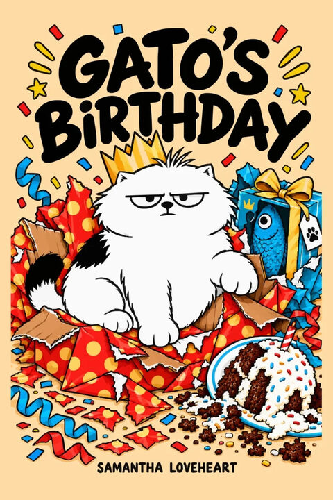 Cover of Gato’s Birthday by Samantha Loveheart: a grumpy white cat sits in torn wrapping paper beside a toppled cake.