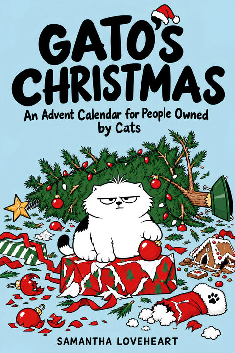 Cover of Gato’s Christmas by Samantha Loveheart: a grumpy white cat sits in a knocked-over Christmas tree.