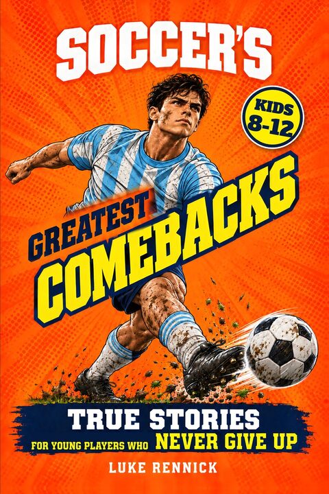 Cover of Soccer's Greatest Comebacks by Luke Rennick: a young player in a striped shirt strikes a ball against a bright orange background.