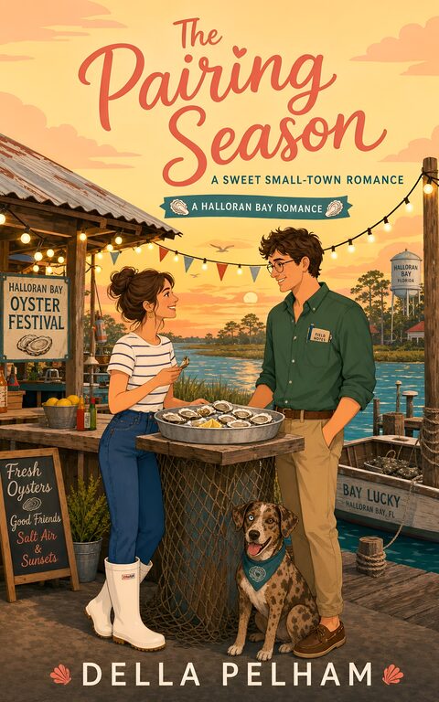 Cover of The Pairing Season by Della Pelham: a couple at an oyster festival stall by the water, with a dog at their feet.