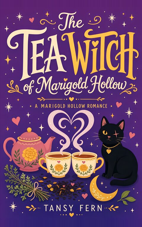 Cover of The Tea Witch of Marigold Hollow by Tansy Fern: a teapot, two steaming cups and a black cat under a crescent moon.