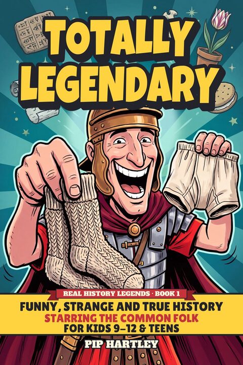 Cover of Totally Legendary by Pip Hartley: a grinning Roman soldier holding up a pair of woolly socks and underpants.