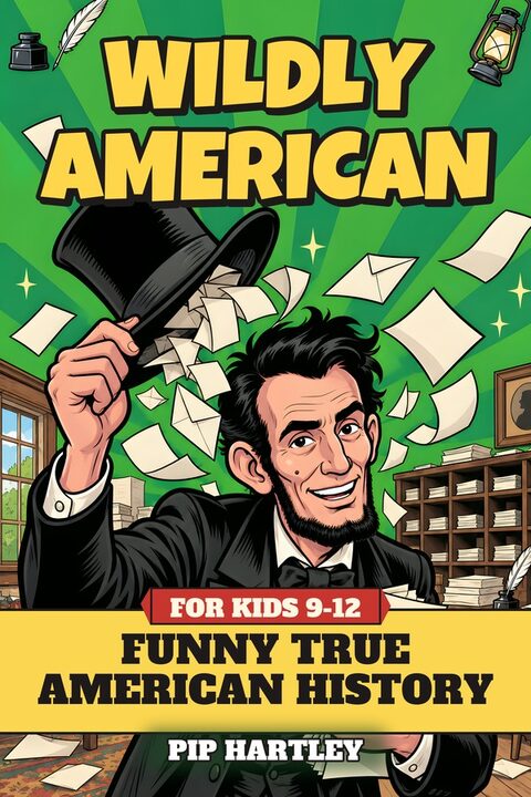 Cover of Wildly American by Pip Hartley: Abraham Lincoln lifting his top hat as letters fly out of it.